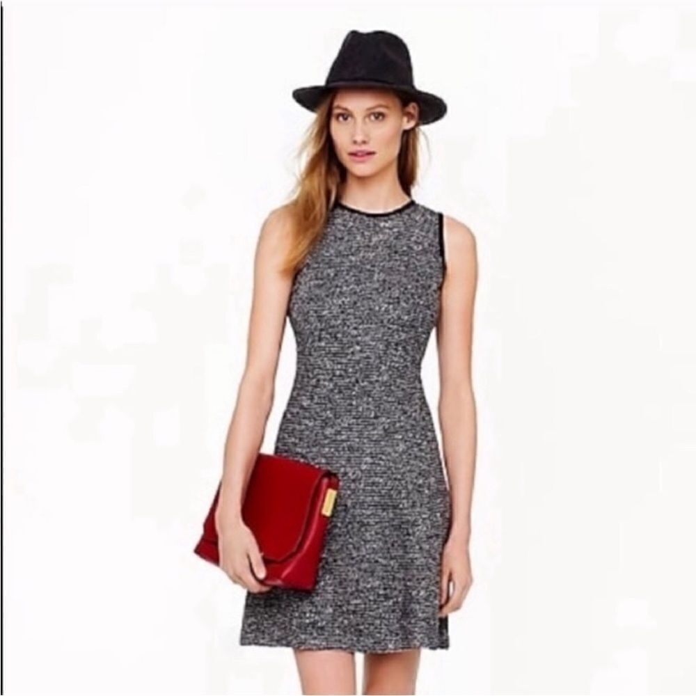 J. Crew Sleeveless Knit Tweed Dress A Line Fit Flare Tailored Black Gray White 6